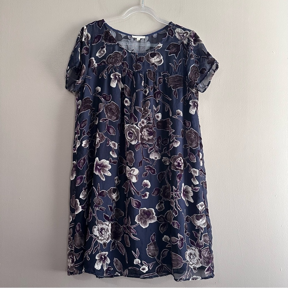 Mystree Navy Blue Purple Velvet Burnout Moody Floral Shift Dress Womens Large